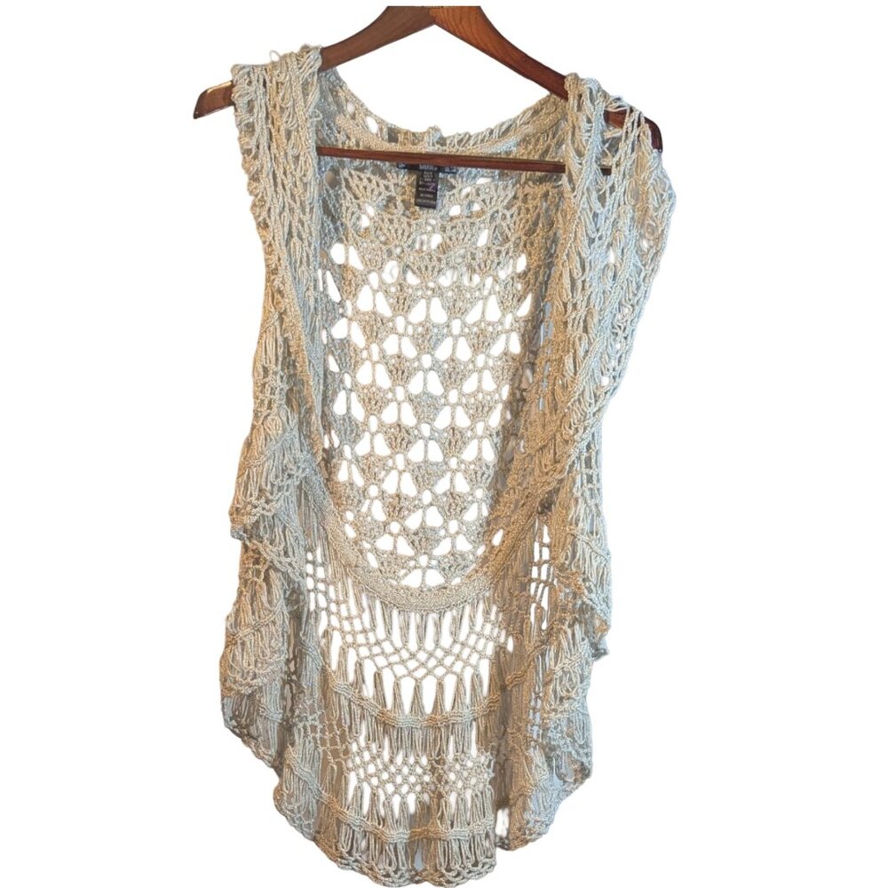 Sioni Tan and Silver Women's Kimono Boho Sleeveless Cardigan